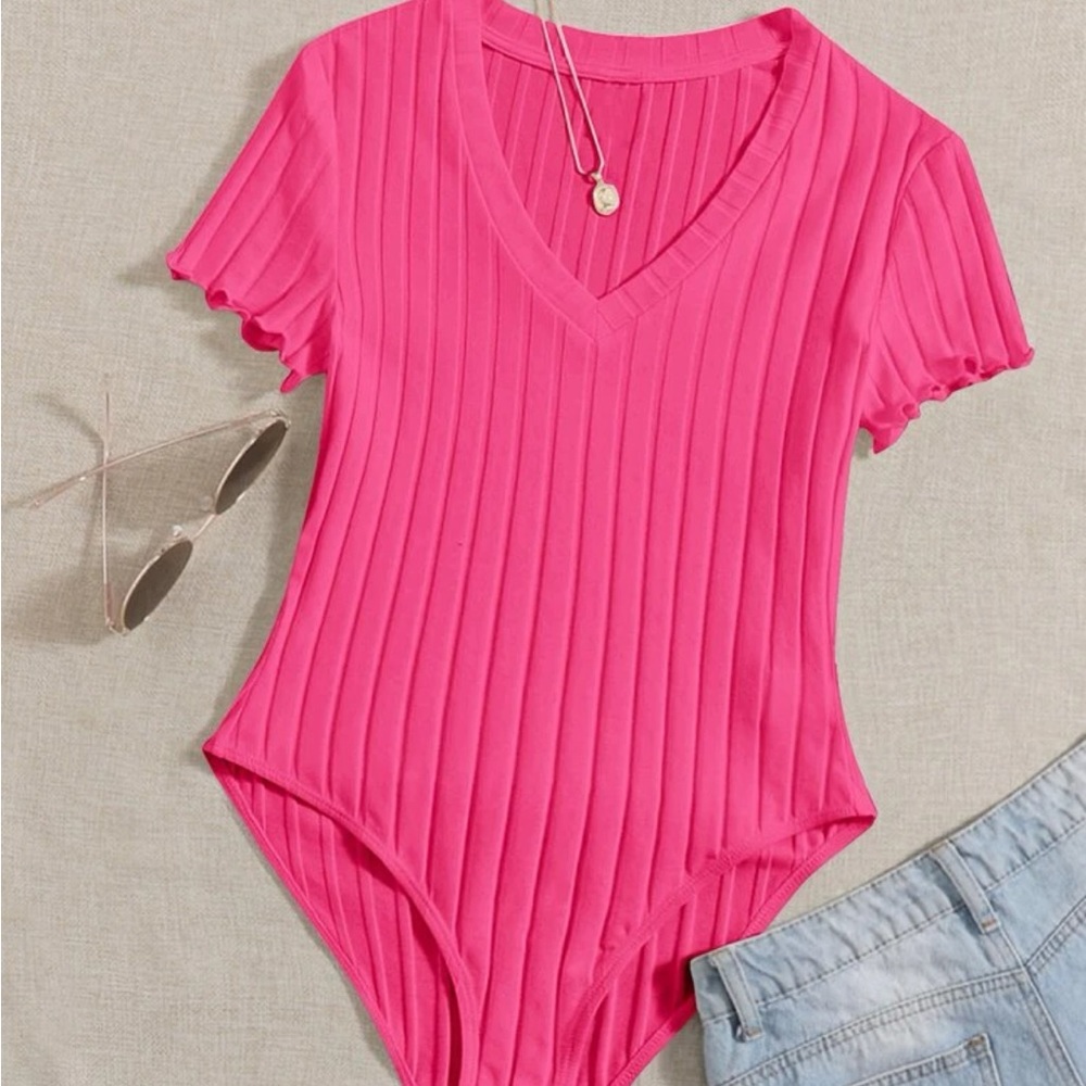 Shein Qutie Lettuce Trim Rib Knit Bright Pink Bodysuit